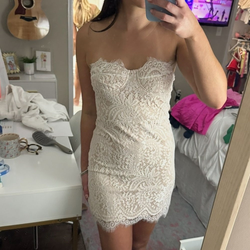 Superdown White Lace Strapless Mini Dress | Size Small